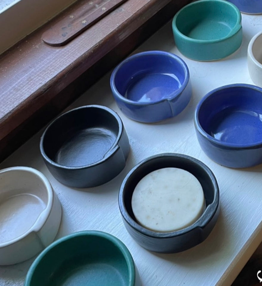 zero waste dish soap bar and ramekin come in green, blue, cream or black